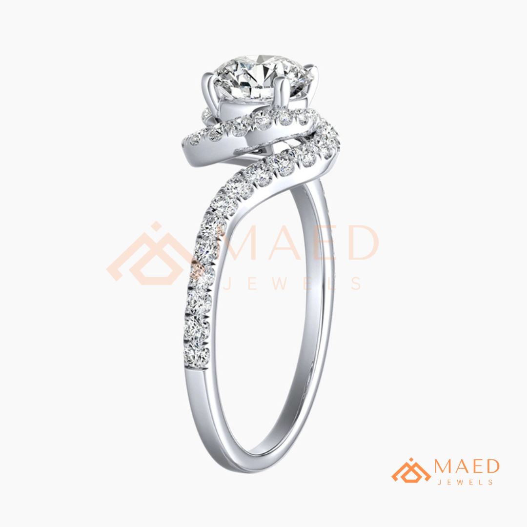 Moissanite Bypass Halo Engagement Ring in 14K Gold, Rose Gold & Sterling Silver | Twisted Pave Diamond Accent Ring for Women
