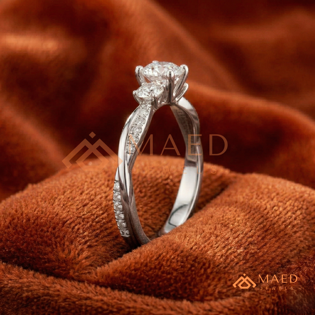 Classic 3-Stone Twisted Pavé Diamond Simulant Ring in Gold, Rose Gold & Silver