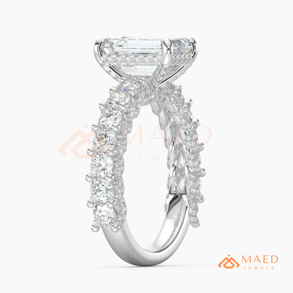 Emerald Cut Engagement Ring with Large Round Accent Band in Silver, 14K Gold, & 14K Rose Gold
