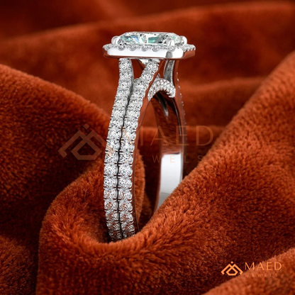 Radiant-Cut Halo Engagement Ring with Split-Shank Pavé Band