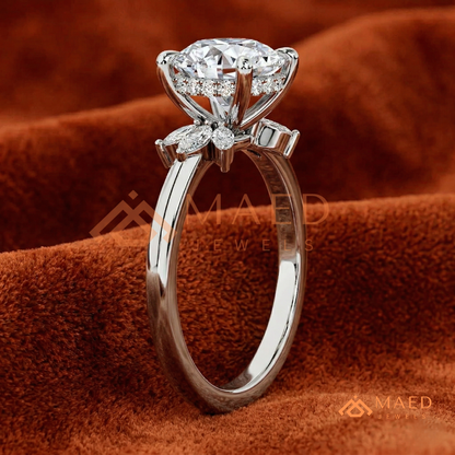Round Brilliant Cut Ring with Marquise Floral Cluster | 14k Gold, Rose Gold & Silver