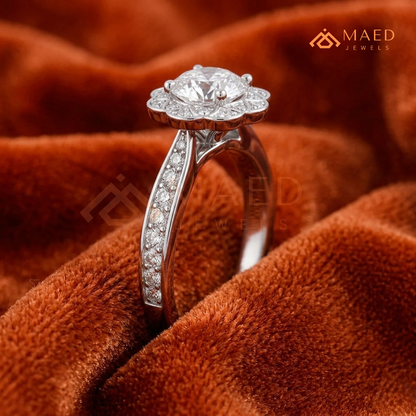 Round Cut Flower Halo Engagement Ring with Pave Band