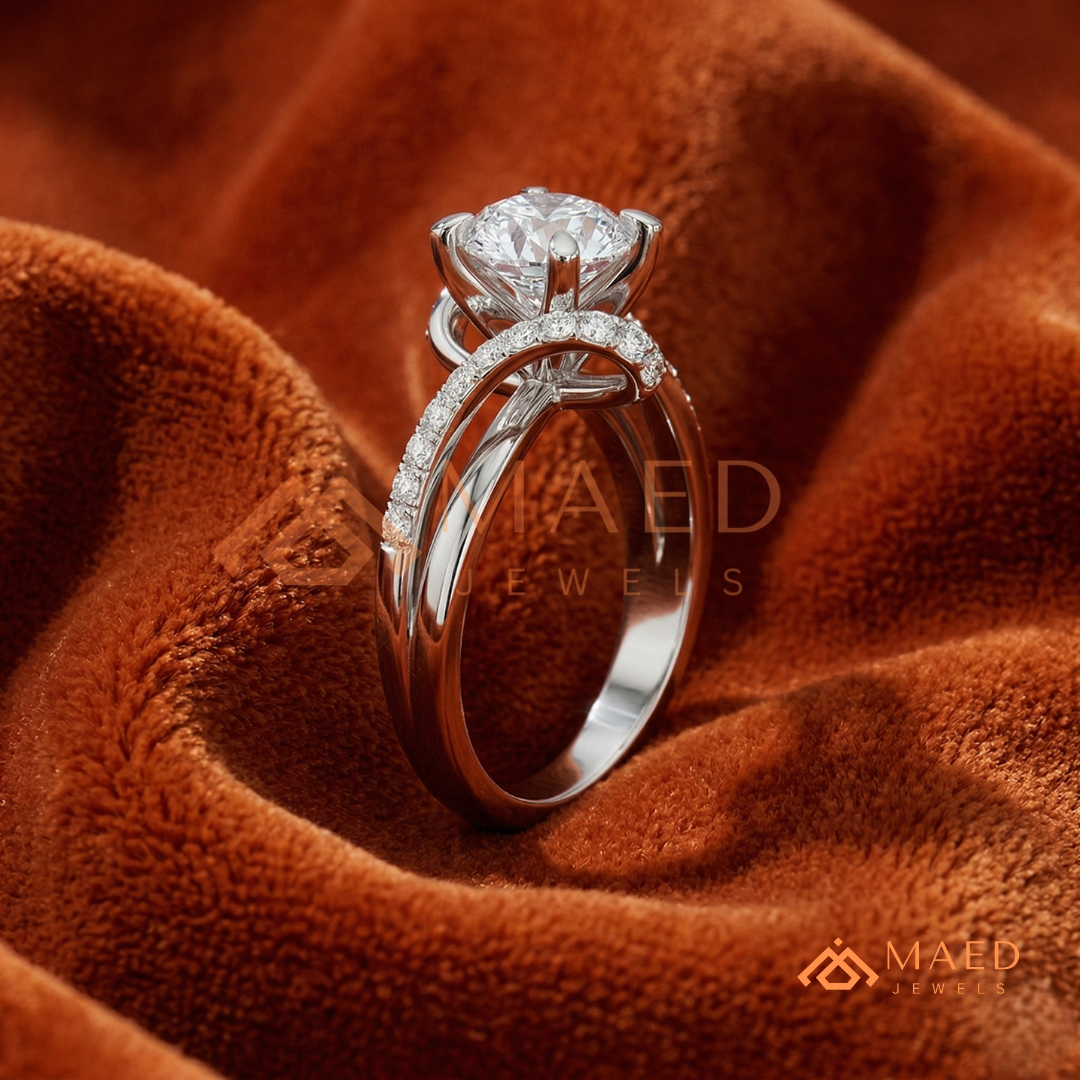 Round Cut Diamond Bypass Engagement Ring in Sterling Silver, 14K Gold & Rose Gold