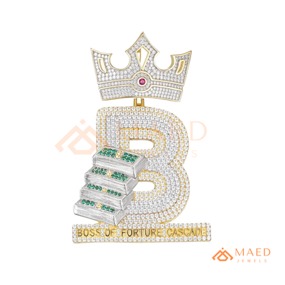 Custom Crown Initial "B" Money Stack Pendant in Sterling Silver & 14K Gold