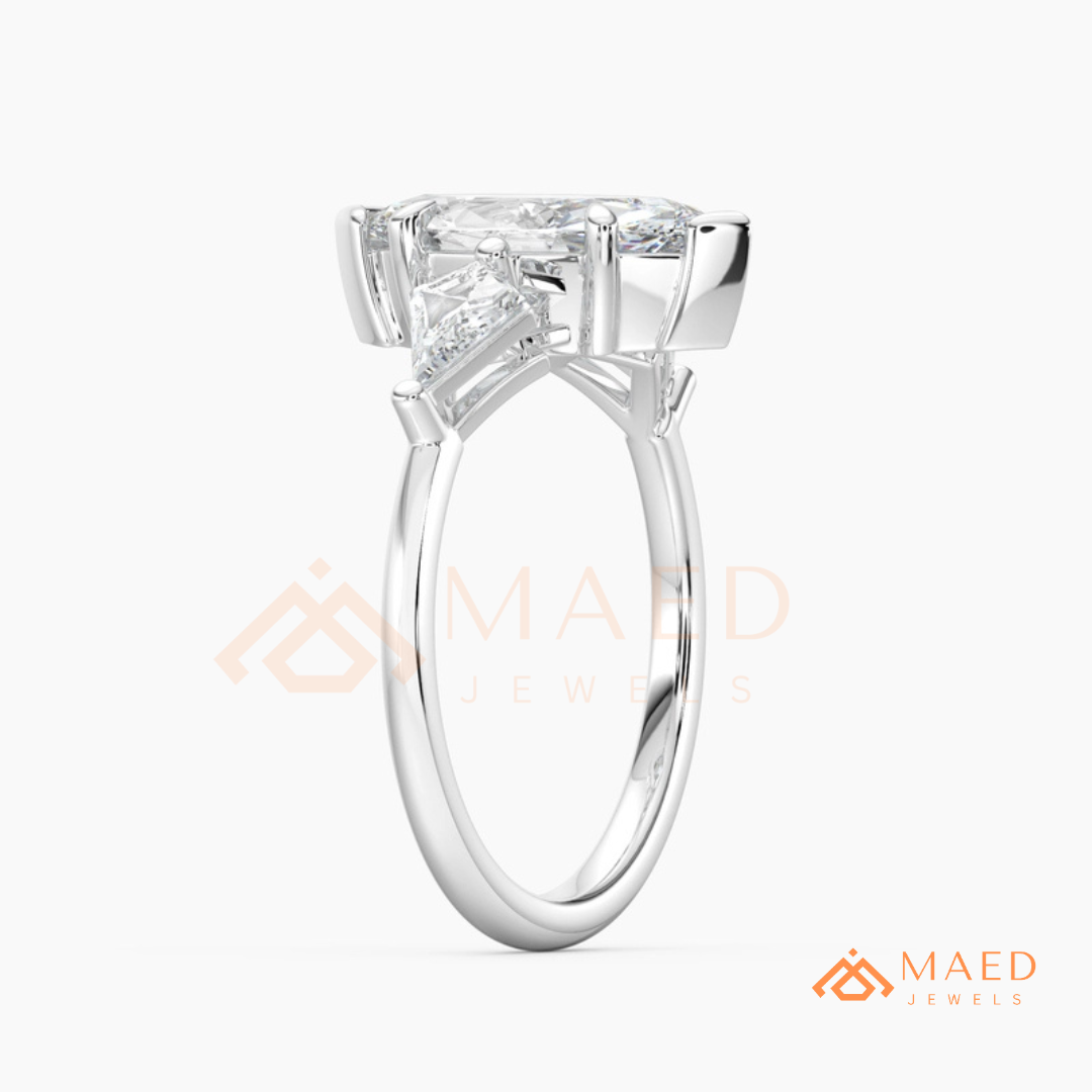 Marquise Cut Three Stone Ring with Kite Side Diamonds | 14k Gold, Rose Gold & Silver