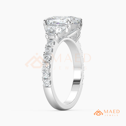Classic Cushion Cut Three-Stone Engagement Ring with Half-Moon Side Stones in Silver, 14K Gold & Rose Gold