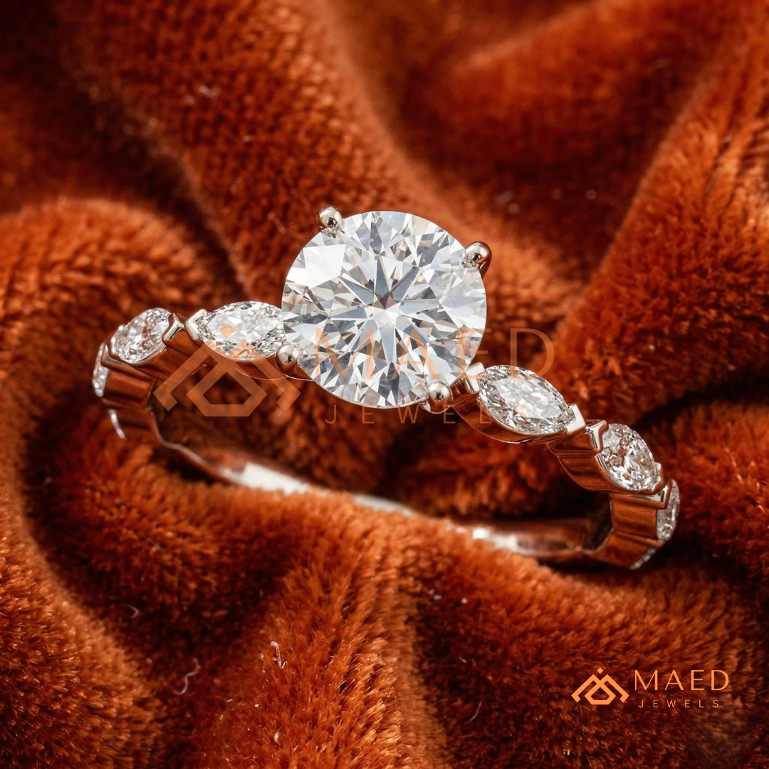 Round Cut Engagement Ring with Marquise Accent Cluster Band in 14K Gold, Rose Gold & Silver