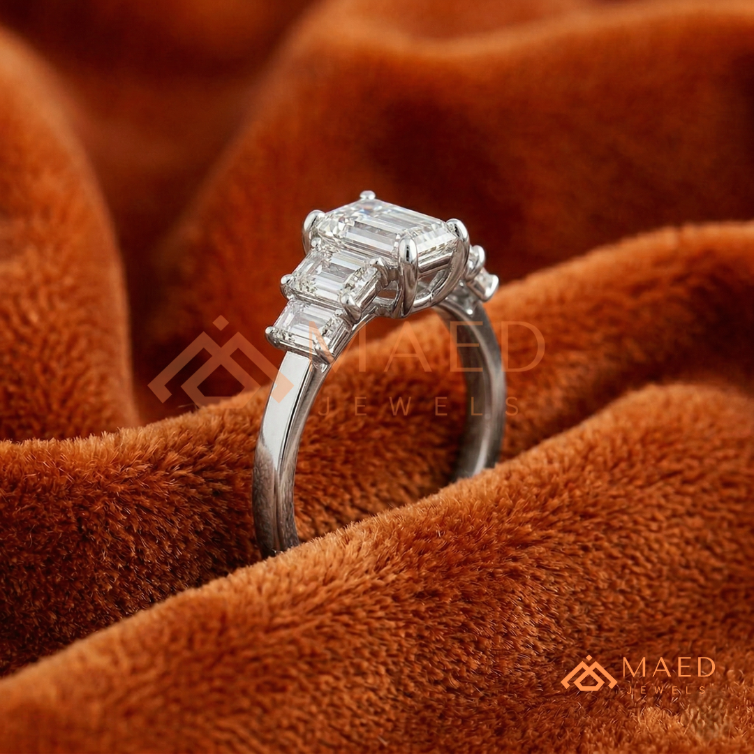 Five-Stone Emerald Cut Diamond Simulant Ring (14k White, Yellow, Rose Gold & Sterling Silver)