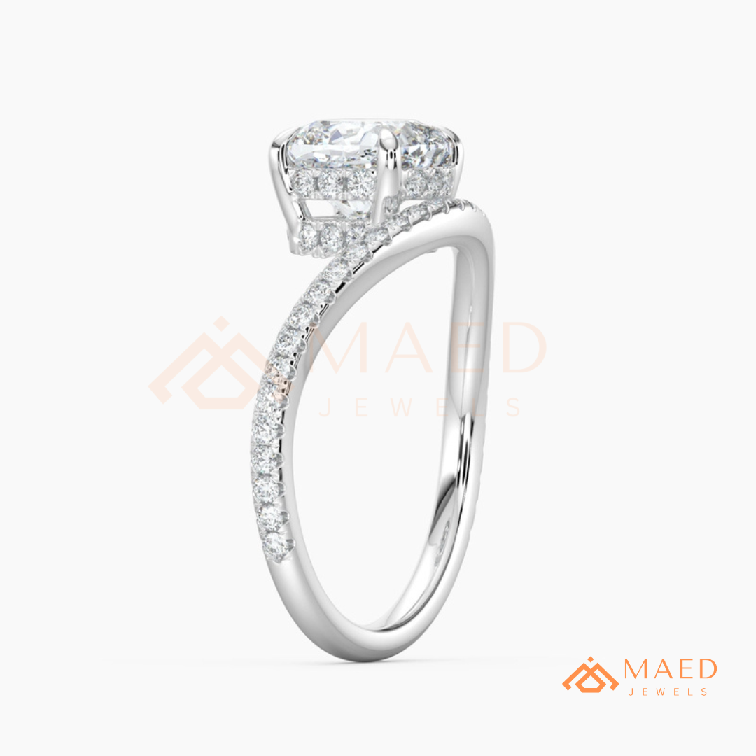 Cushion Cut Moissanite Chevron Engagement Ring, Curved Pavé Diamond Wishbone Wedding Ring in Silver, 14K Gold & Rose Gold