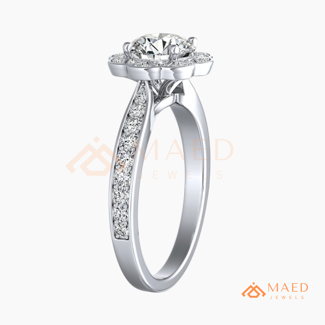 Round Cut Flower Halo Engagement Ring with Pave Band