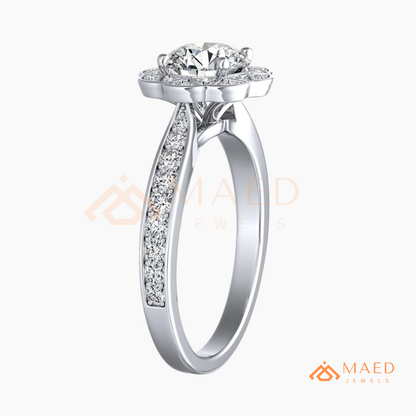 Round Cut Flower Halo Engagement Ring with Pave Band