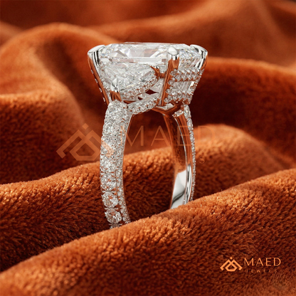 Classic Radiant Cut Three-Stone Engagement Ring with Half-Moon Side Stones in Silver, 14K Gold & Rose Gold