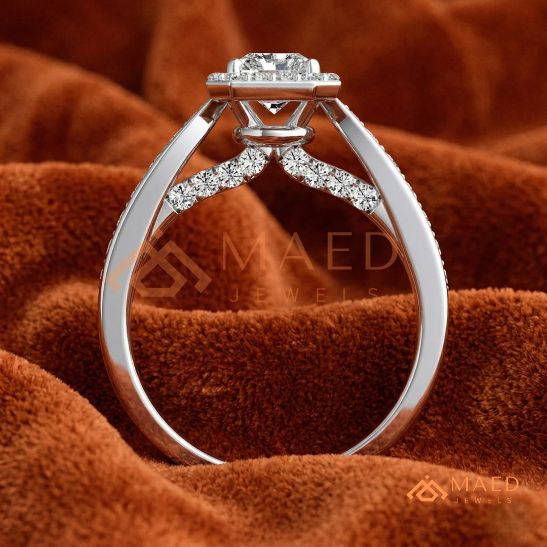 Radiant Cut Rectangular Halo Engagement Ring with Twisted Pavé Band