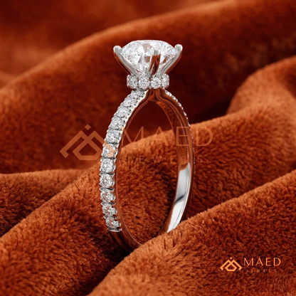 Classic Round Cut Pave Solitaire Ring in Silver, 14K Yellow Gold, or Rose Gold