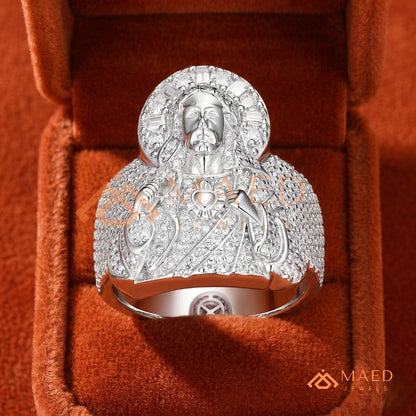 Men's Heavy Pave Crystal Jesus Portrait Ring in 925 Sterling Silver & 14K Gold Finish