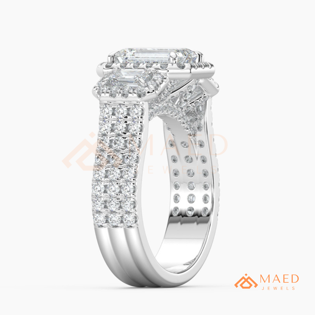Three-Stone Emerald Cut Halo Engagement Ring | Triple Row Pave Band in 14K Gold & Silver