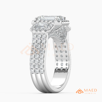 Three-Stone Emerald Cut Halo Engagement Ring | Triple Row Pave Band in 14K Gold & Silver