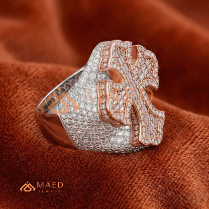Heavy Iced-Out Baguette Cross Statement Ring – 925 Silver, 14K Gold & Rose Gold