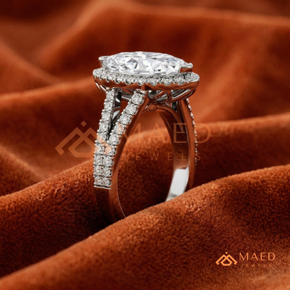 Marquise Cut Halo Engagement Ring | Split Shank Pave Band in 14K Gold & Silver