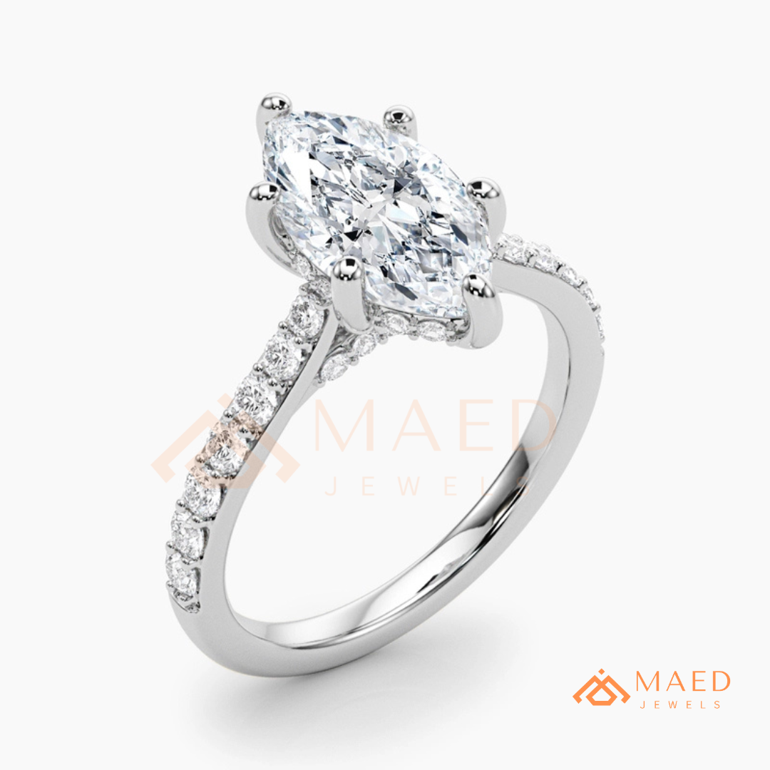 Vintage Marquise Cut Pavé Engagement Ring in Gold, Rose Gold  & Silver
