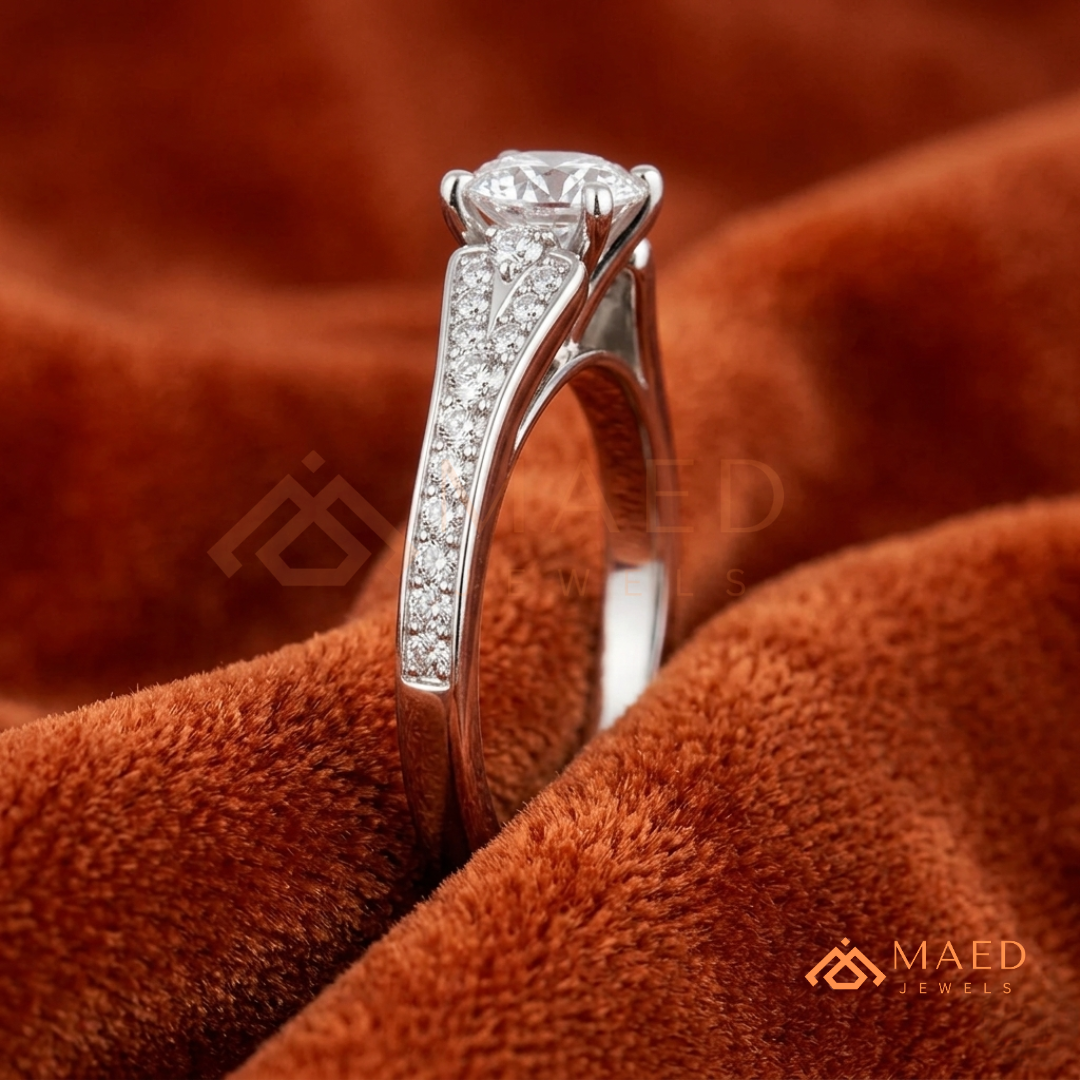 Round Cut Engagement Ring with Pavé Accents in 14K Gold, Rose Gold or Silver