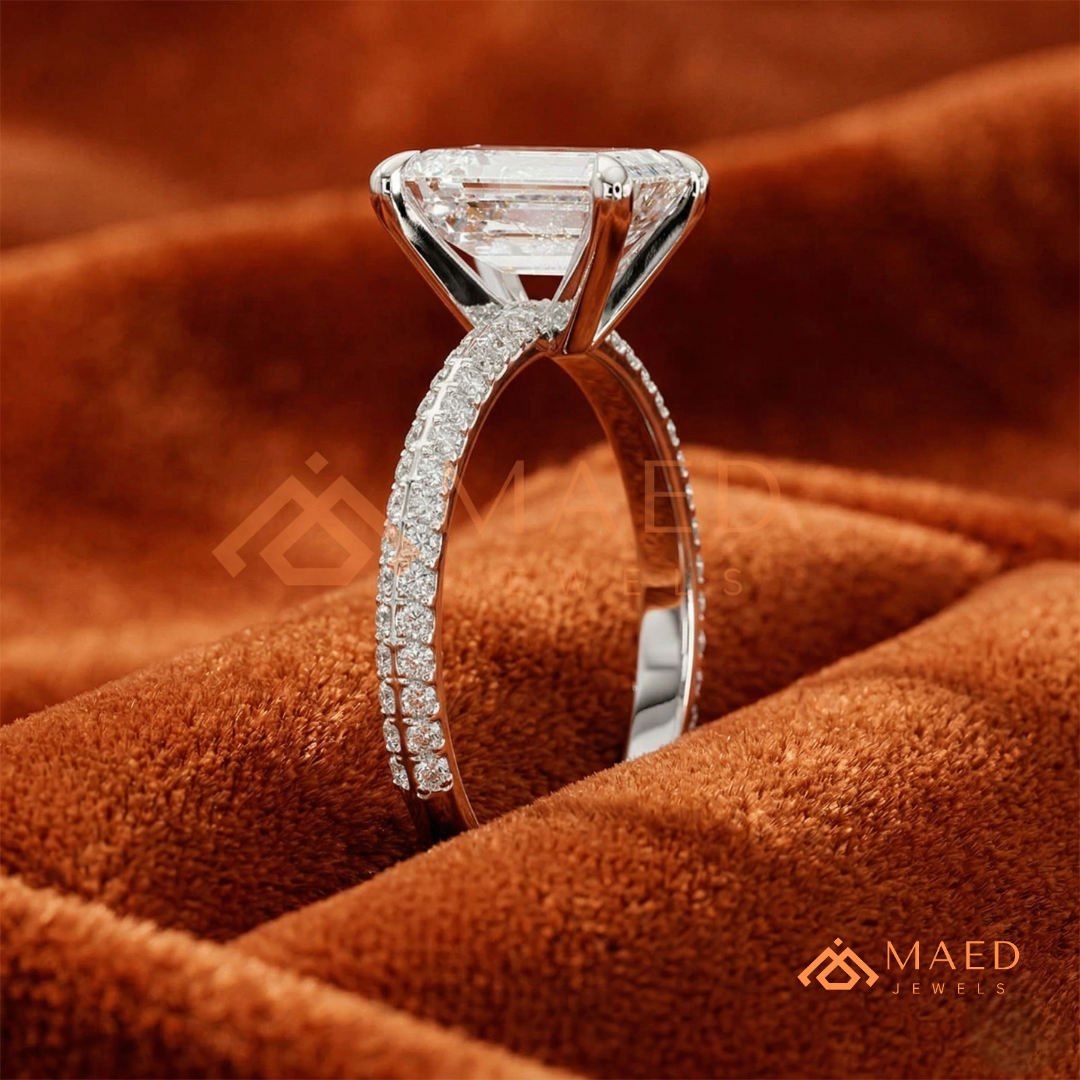 Emerald Cut Engagement Ring with Multi-Row Pavé Band in Silver, 14K Gold, & 14K Rose Gold