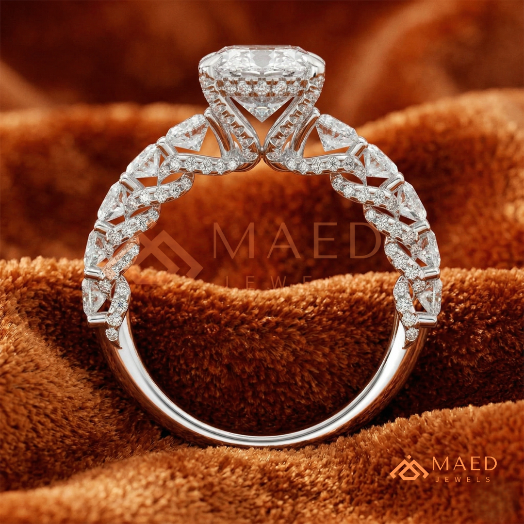 Elongated Oval Cut Engagement Ring with Oval Accent Band | 14k Gold, Rose Gold & Silver