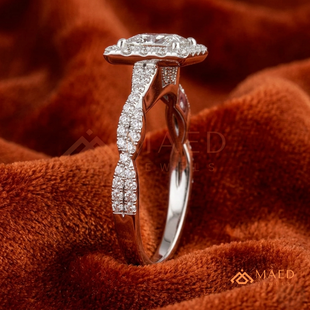 Infinity Twist Princess Cut [Gemstone Type] Halo Ring in 14K Yellow Gold, Rose Gold & Silver