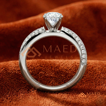 Round Brilliant Cut Ring with Double Row Pavé Band | 14k Gold, Rose Gold & Silver