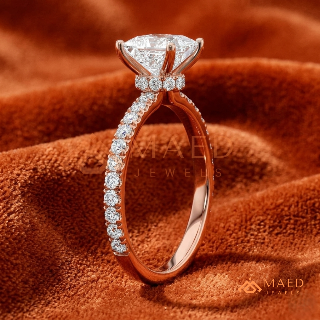 Princess Cut Engagement Ring with Pavé Band in Silver, 14K Gold, & 14K Rose Gold