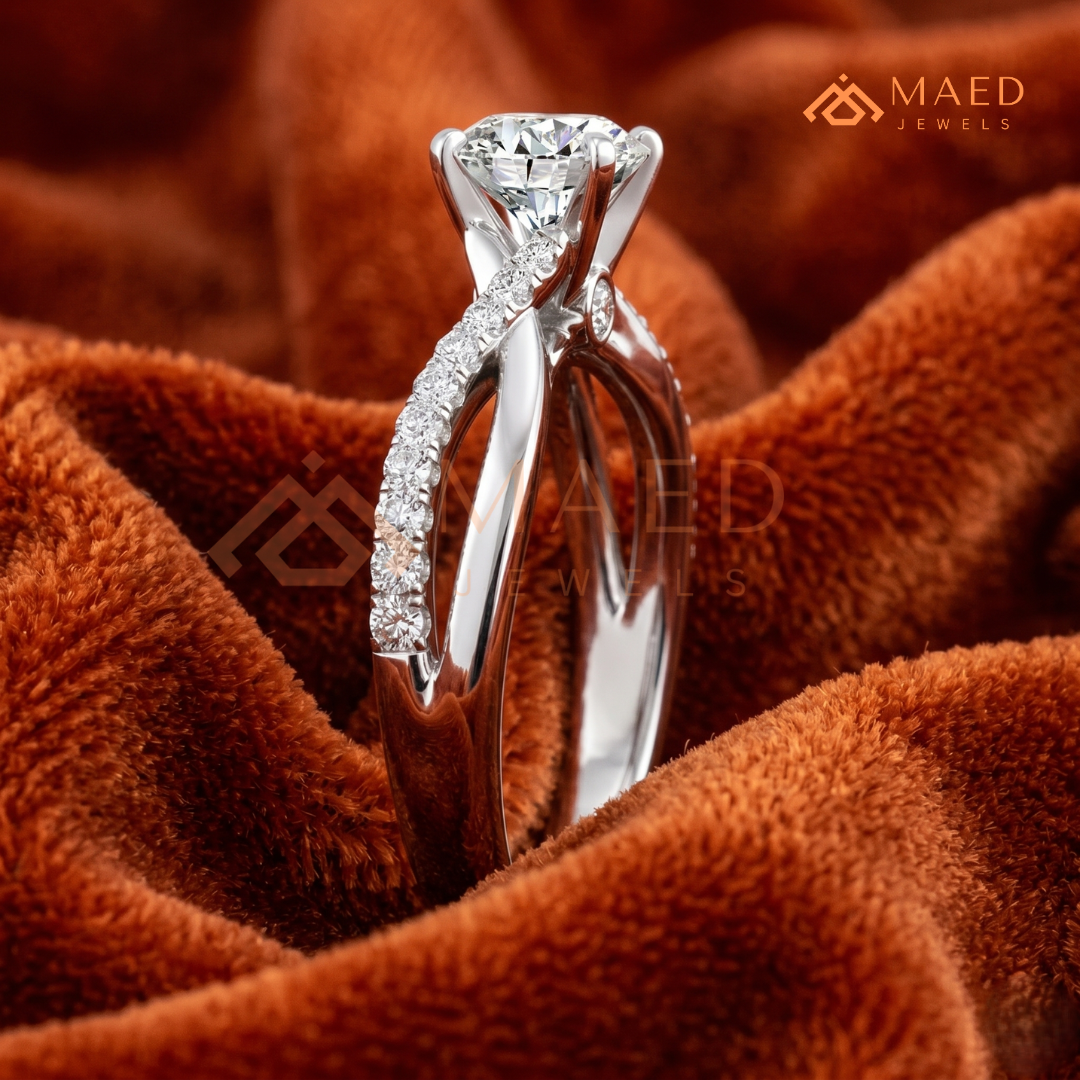 Round Cut Twisted Vine Engagement Ring in 14K Gold, Rose Gold & Sterling Silver | Infinity Pave Wedding Band