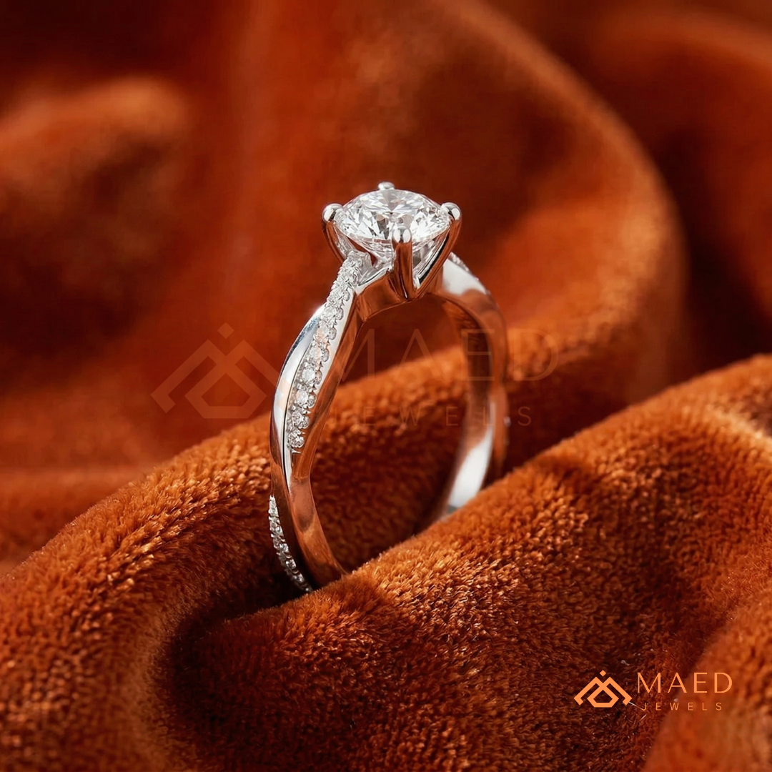 Marquise Cut Engagement Ring with Twisted Pavé Band | 14K Gold, Rose Gold & Silver