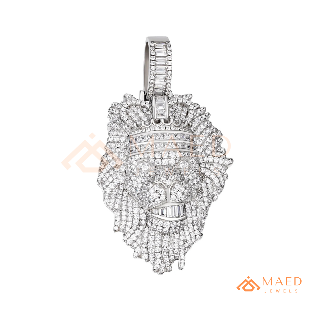 Iced Out King Lion Head Pendant – 14K Gold, Rose Gold & Silver Baguette Crown Hip Hop Charm