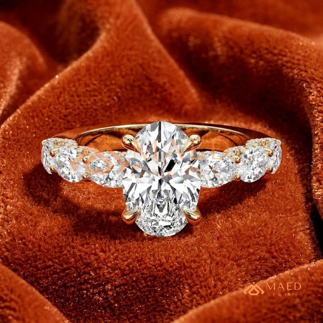 Oval Cut Engagement Ring with Large Round Accent Band | 14K Gold & Silver Shared Prong