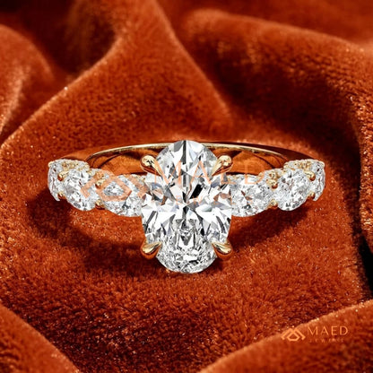 Oval Cut Engagement Ring with Large Round Accent Band | 14K Gold & Silver Shared Prong