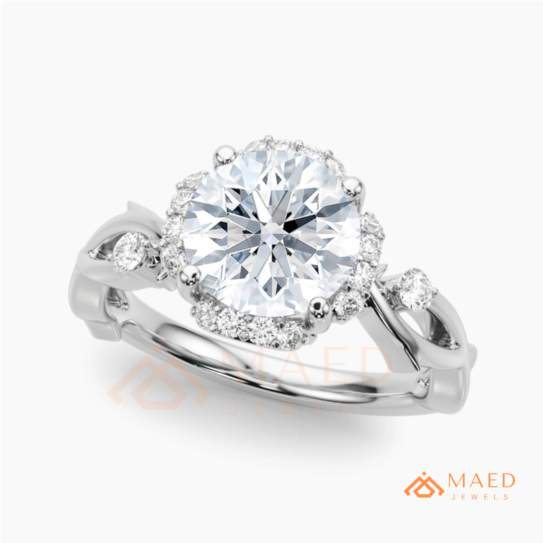 Round Cut Floral Halo Engagement Ring with Twisted Infinty Band in 14K Gold, Rose Gold & Silver