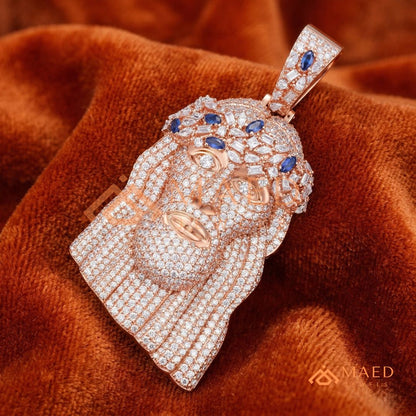 Iced Out Jesus Head Piece with Blue Sapphires | Silver, 14K Yellow & Rose Gold