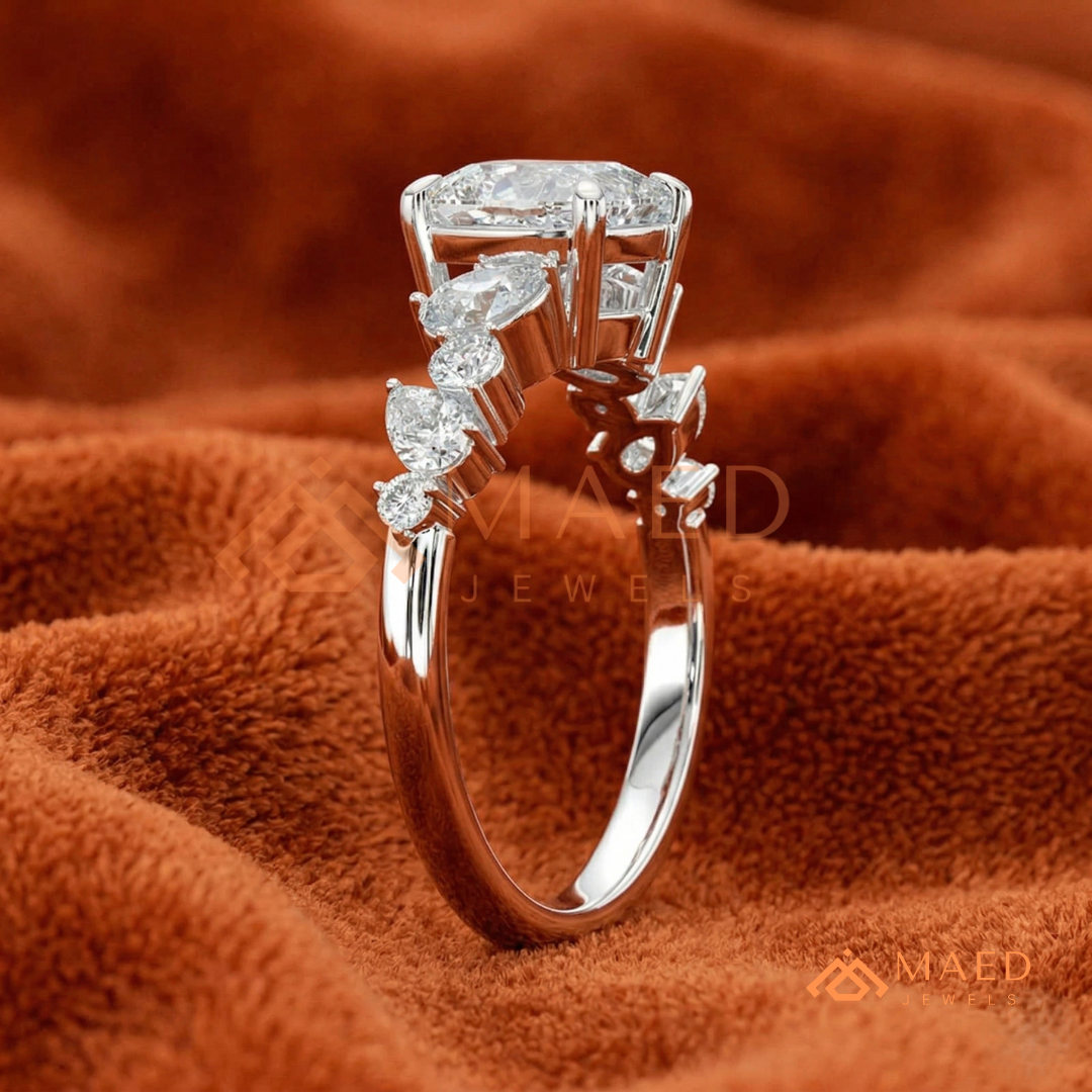 Cushion Cut Engagement Ring with Pear Accent Band in Silver, 14K Gold, & 14K Rose Gold