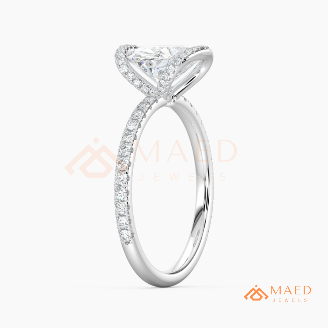 East-West Oval Cut Partial Halo Engagement Ring | 14k Gold, Rose Gold & Sterling Silver Shimmering Accented Band