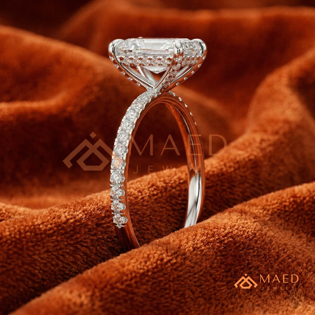 Radiant Cut Moissanite Engagement Ring in Sterling Silver, 14K White Gold & Rose Gold | Hidden Halo Diamond Band For Women