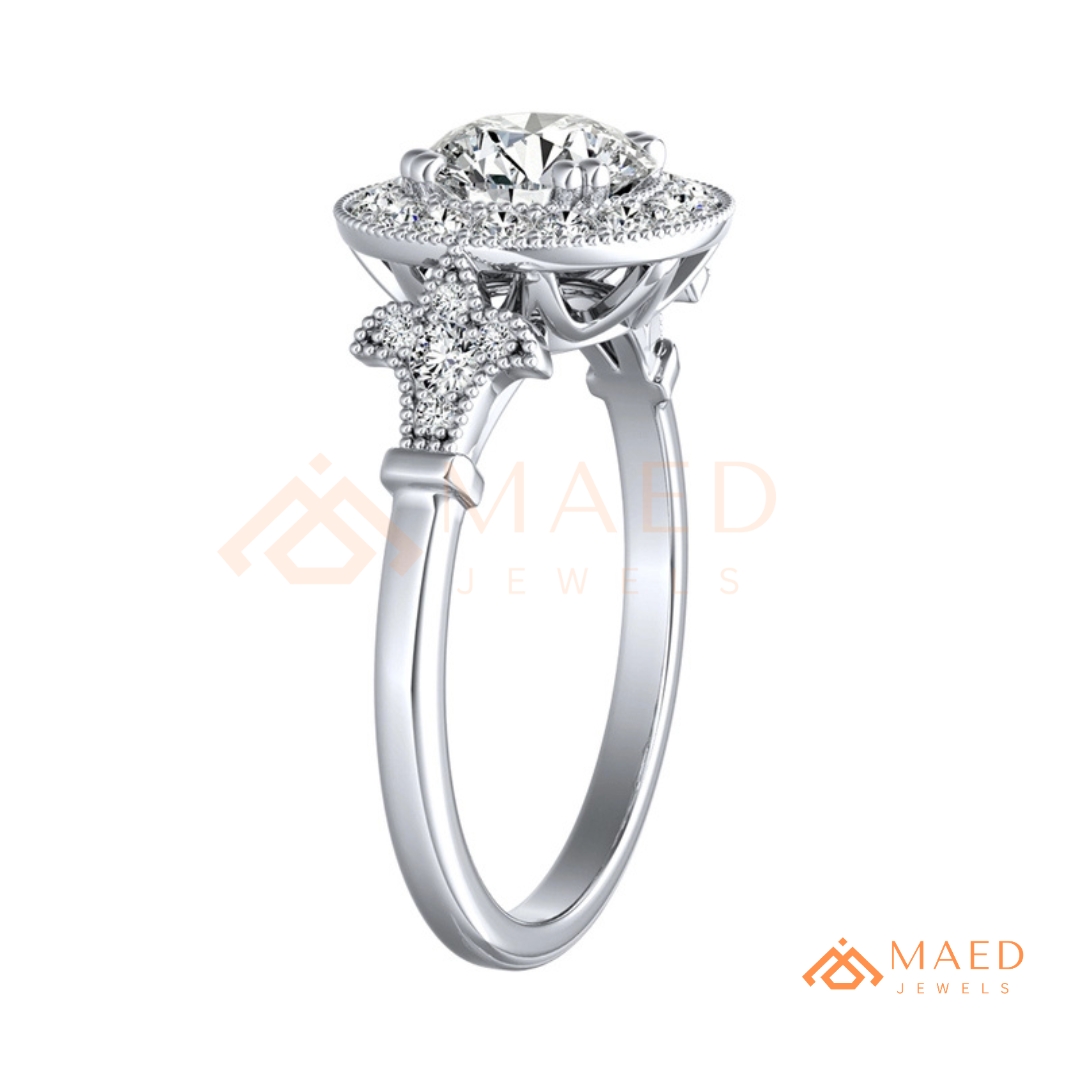 Vintage-Inspired Round Halo Engagement Ring with Milgrain Detail in 14K Gold, Rose Gold or Silver