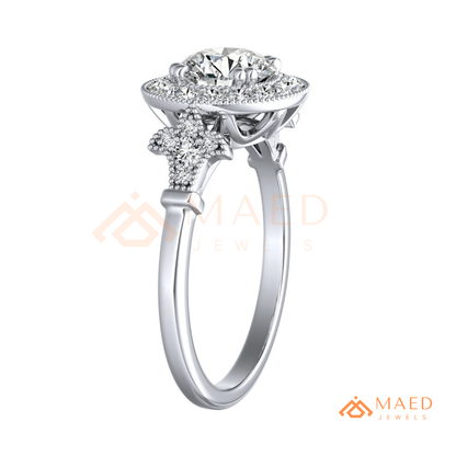 Vintage-Inspired Round Halo Engagement Ring with Milgrain Detail in 14K Gold, Rose Gold or Silver