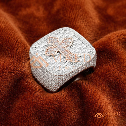 Heavy Square Iced Baguette Cross Ring – 925 Silver, 14K Gold & Rose Gold