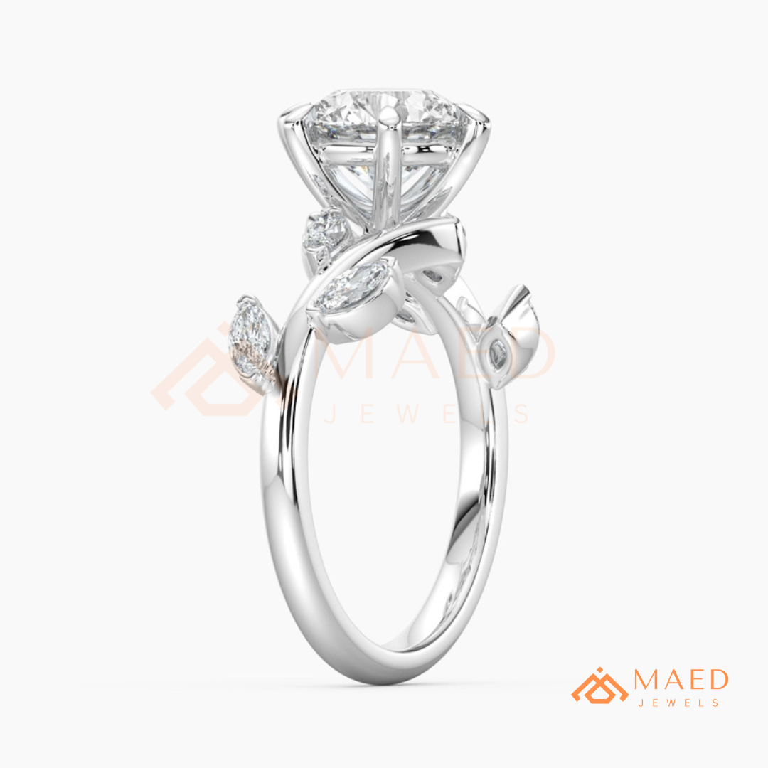 Nature Inspired Round Moissanite Engagement Ring, 6-Prong Marquise Leaf Twig Wedding Ring in Silver, 14K Gold & Rose Gold