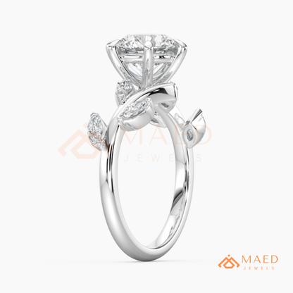 Nature Inspired Round Moissanite Engagement Ring, 6-Prong Marquise Leaf Twig Wedding Ring in Silver, 14K Gold & Rose Gold