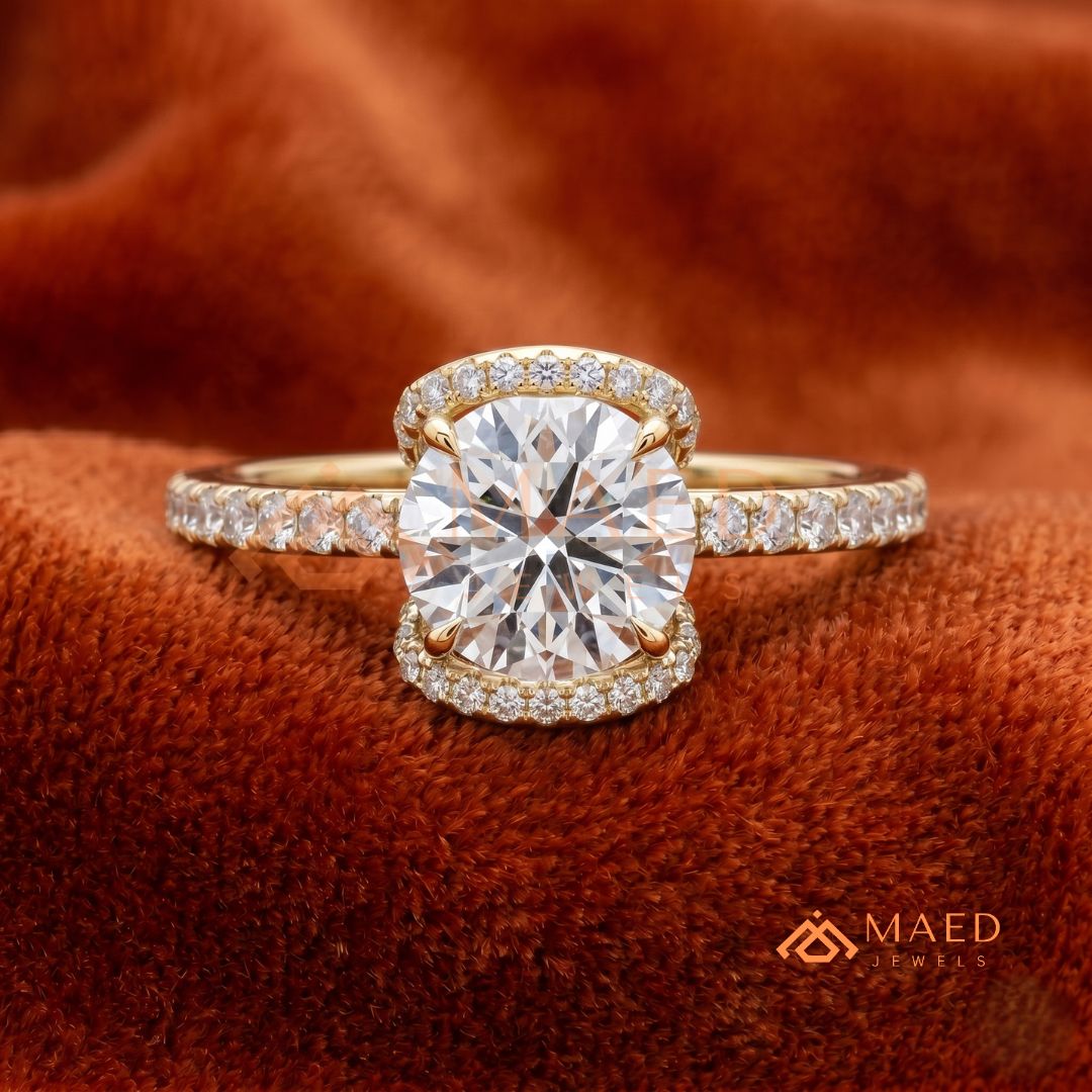 Modern Round Cut Open Arc Halo Engagement Ring in 14K Gold, Rose Gold & Silver