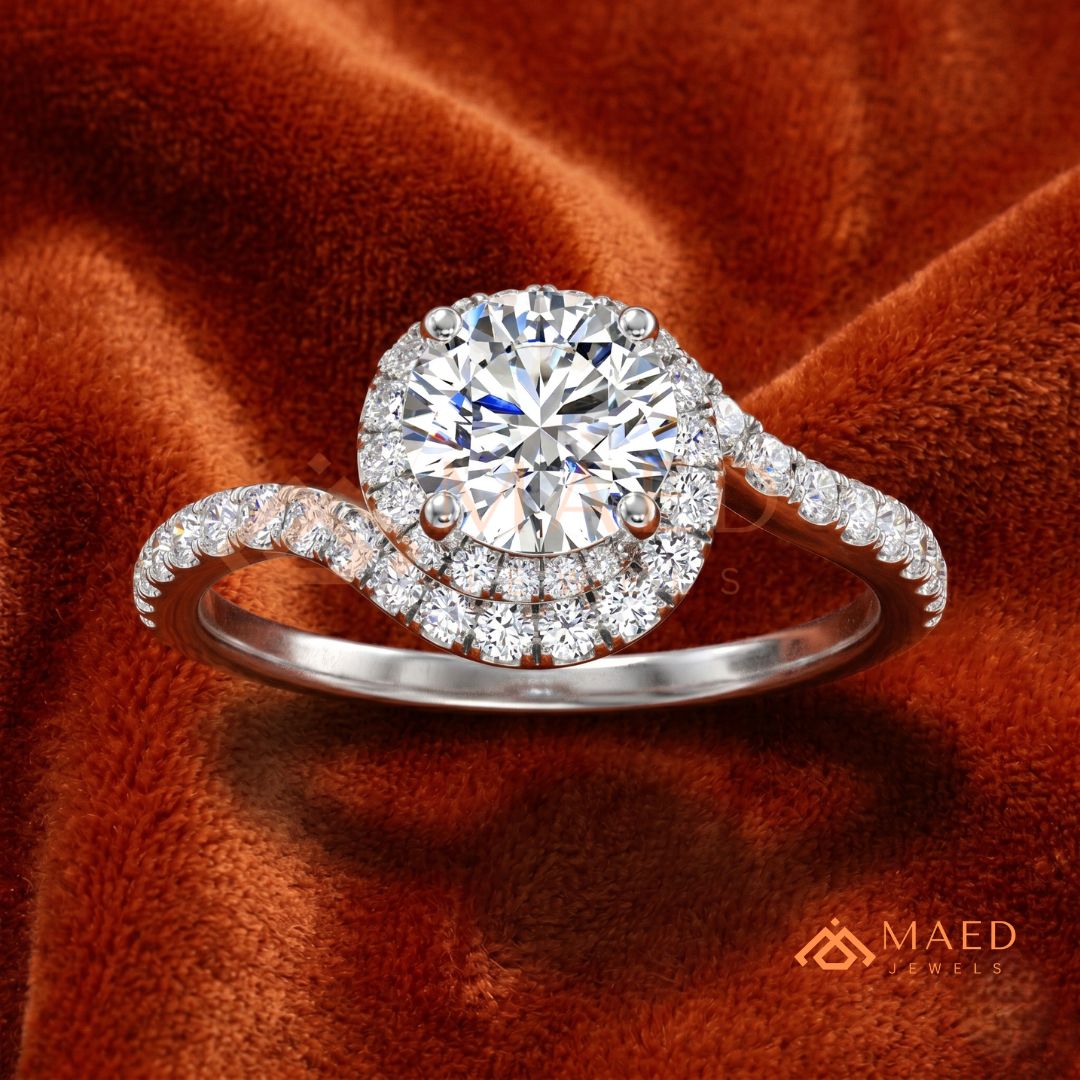 Moissanite Bypass Halo Engagement Ring in 14K Gold, Rose Gold & Sterling Silver | Twisted Pave Diamond Accent Ring for Women