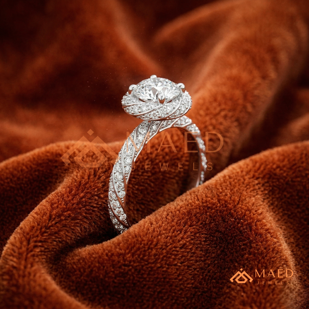 ound Cut Halo Twisted Band Promise Ring (Silver, 14K Yellow/Rose Gold)