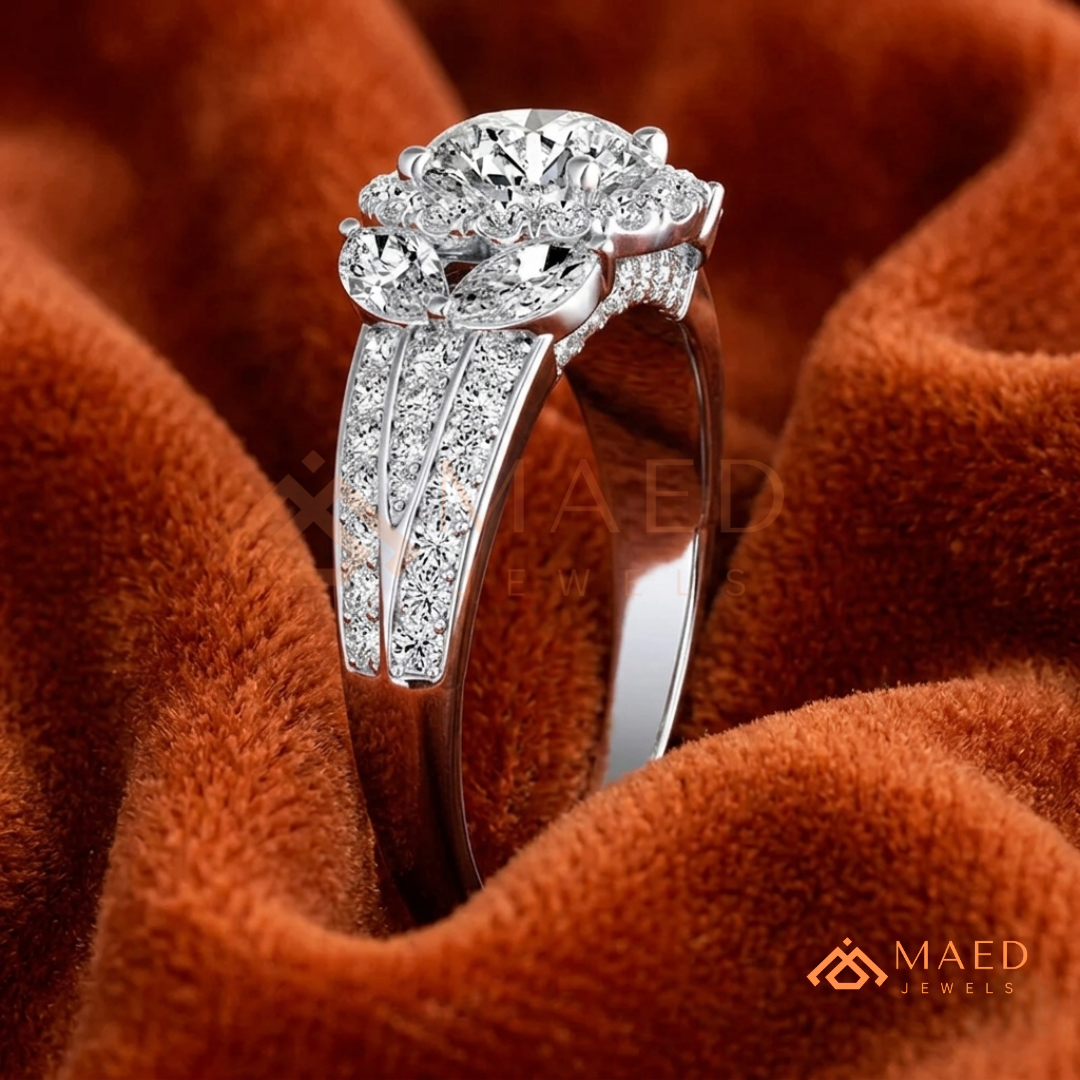 Radiant Halo Engagement Ring with Marquise Side Stones & Pavé Band