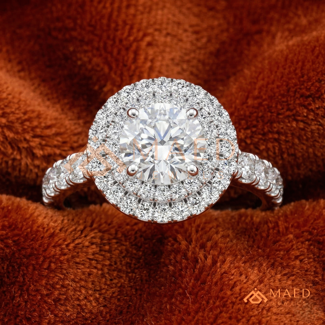 Double Halo Round Brilliant Engagement Ring with Pavé Band – Sterling Silver, 14K Gold, or 14K Rose Gold